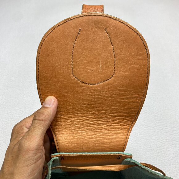 VINTAGE Burrow Leather Portland Oregon Mini Backpack Green Tan Barrel - Picture 12 of 12